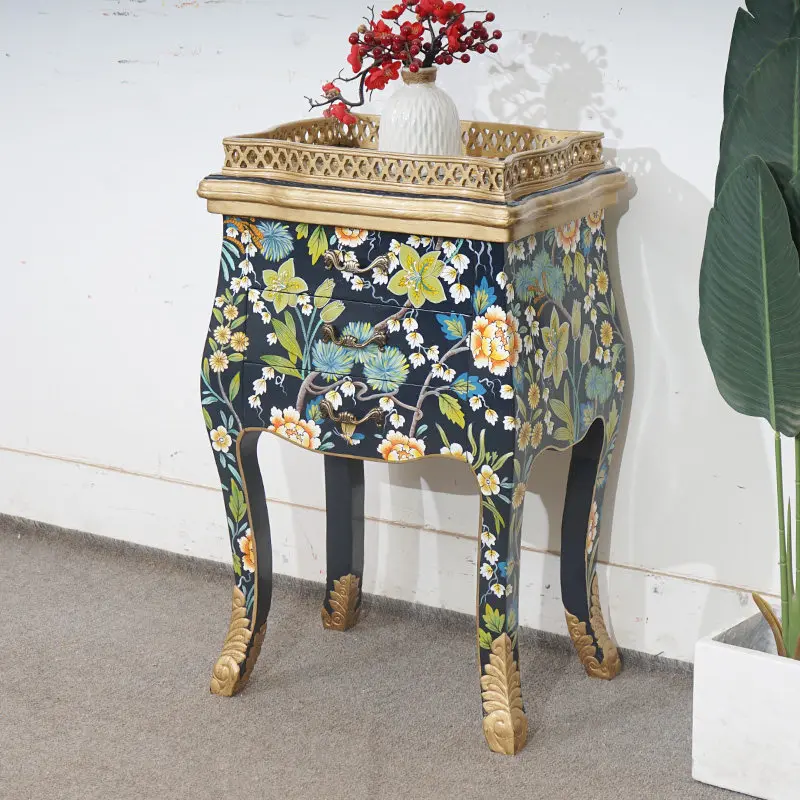 French classical solid wood hand-painted flower carving small square corner table decorative cabinet locker storage cabinet