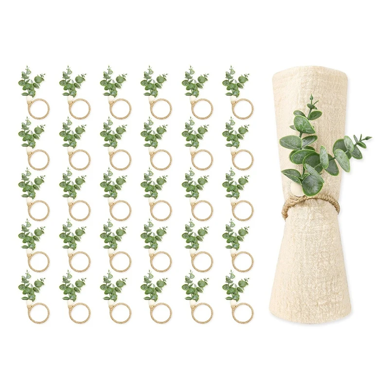 BMBY-Napkin Rings Set Of 30 Rustic Eucalyptus Leaf Rings Wood Bead Farmhouse Napkin Rings For Weddings & Table Decoration