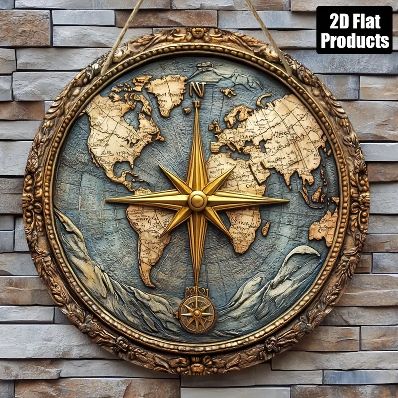 2D Flat - A 2D Flat, 1pc, Round Wooden Decorative Sign with a Compass Theme, Suitable for Decorating Bars, Kitchens, Cafes, Fami