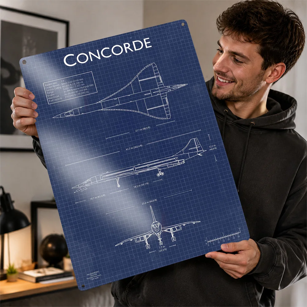 Concorde Supersonic Jet Blueprint Textured Poster Personalized Metal Tin Sign Pilot Tribute Wall Art Belongs In Collector Dens