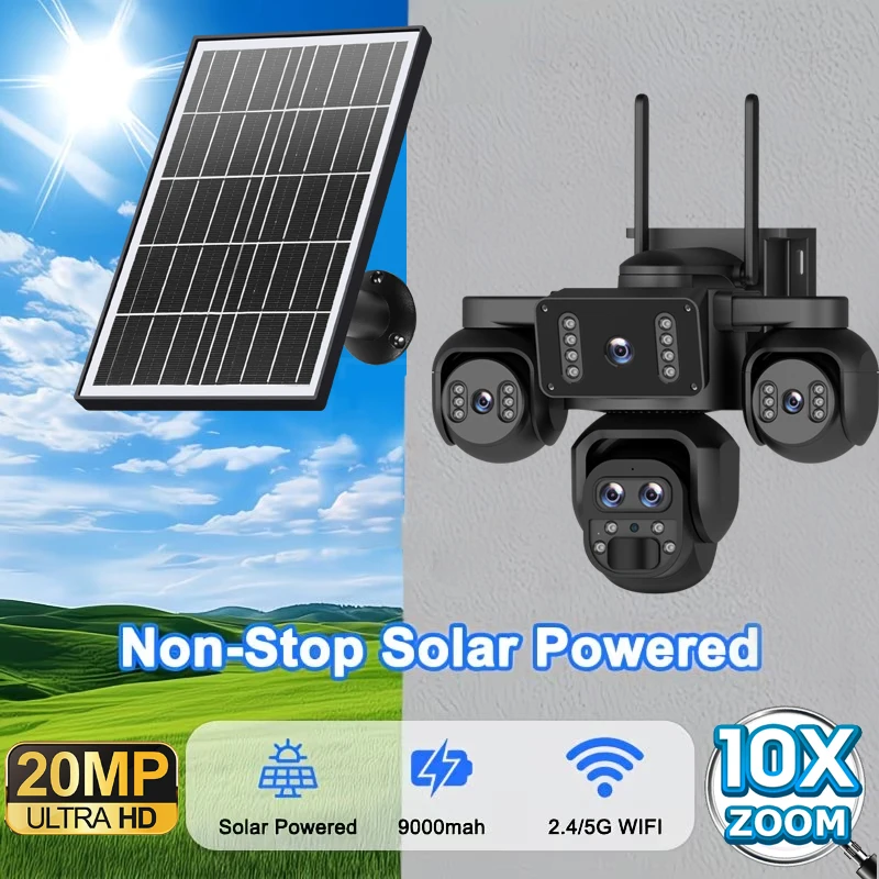SHIWOJIA 20MP 10X ZOOM Camara Solar 4G SIM 5 Lens 4 Screens Security Protection 360° Auto Tracking Home Surveillance Systems