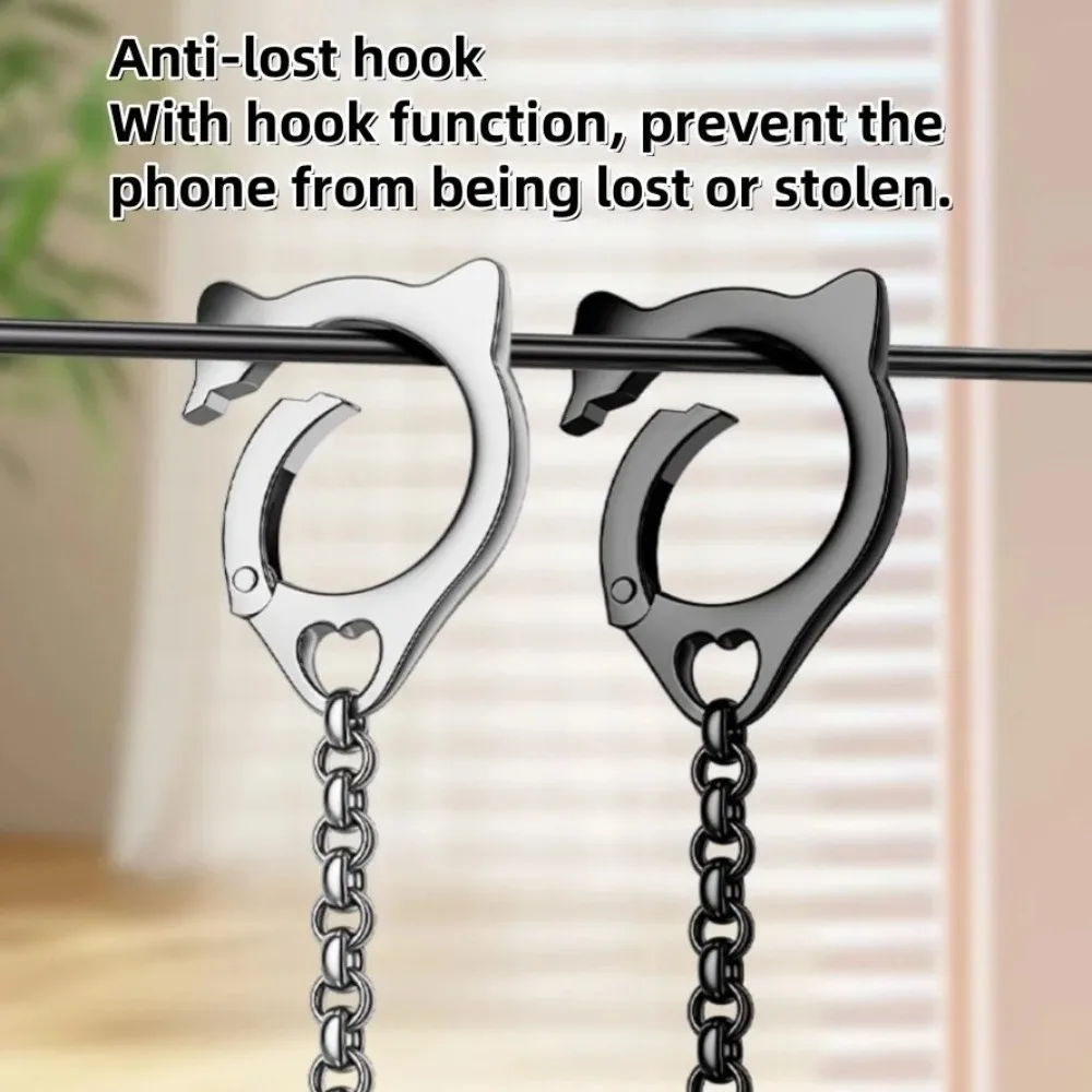 Cute Cat Head Metal Phone Case with Lanyard And Detachable Ring Buckle Multi-Functional Chain Cell Phone Strap Accessory