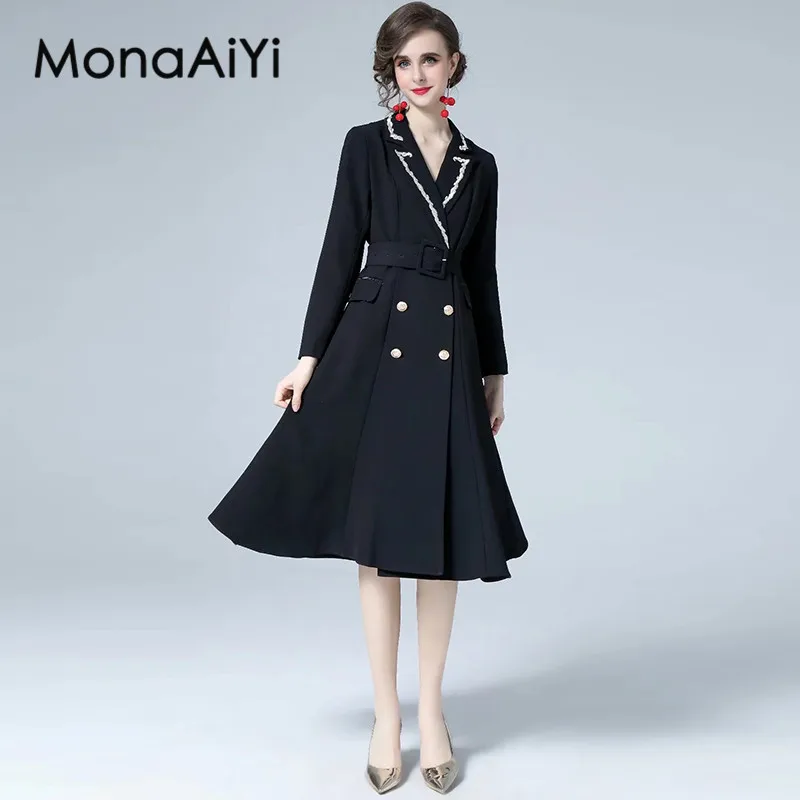 

MonaAiYi Fashion Design autumn Women's Dress Notched Collar Long sleeve Lace-Up Pocket Commuter Black Dresses