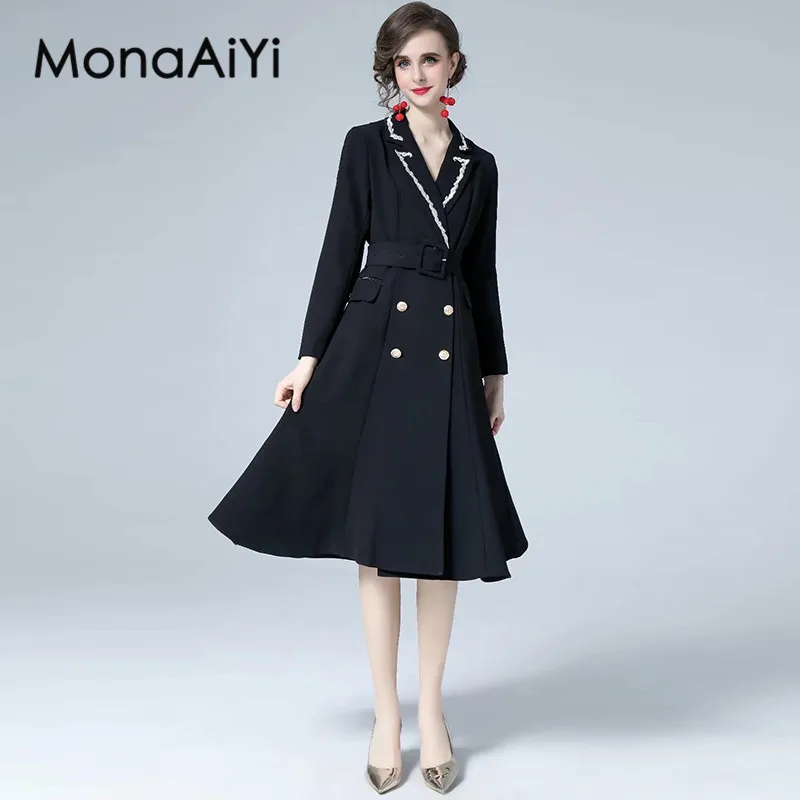 MonaAiYi Fashion Design autumn Women's Dress Notched Collar Long sleeve Lace-Up Pocket Commuter Black Dresses