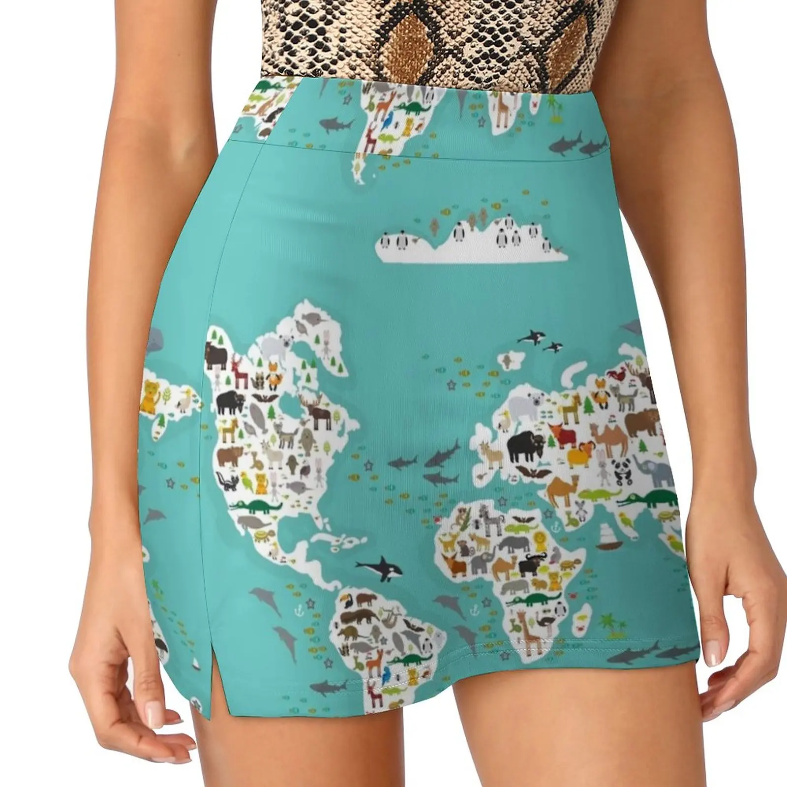 Cartoon Animal World Map For Children And Kids , Animals Women's skirt With Hide Pocket Tennis Skirt Golf Skirts Badminton