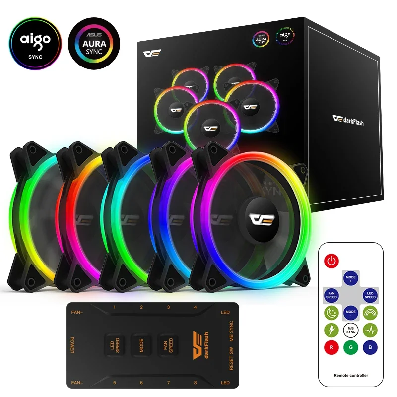 Darkflash 120mm 6PIN RGB Case Fan Aura Sync PWM Computer Cooling Fan RF Remote Control Quiet PC Chassis Fan Black