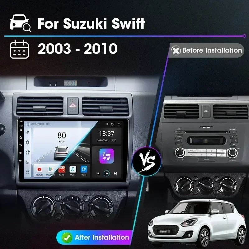 Srnubi Radio de coche para Suzuki Swift 2003 2005 2006 2007 2008 2009 2010 inalámbrico Carplay Android Auto reproductor Multimedia de coche 2 Din 2