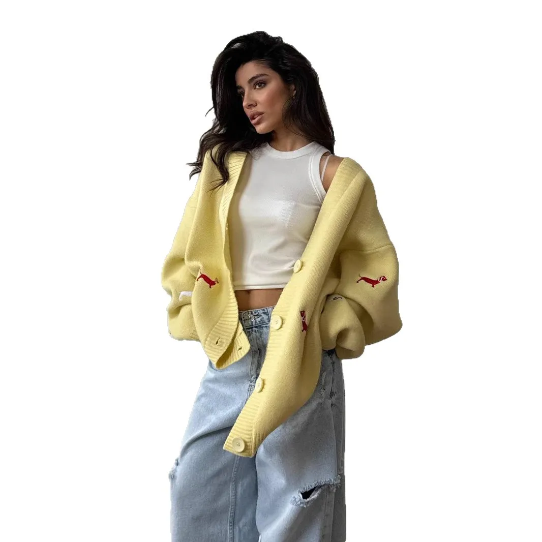 Embroidered Knitted Women's Cardigan Comfortable V-neck Long-sleeved Button Sweater Jacket Teenager Girl Autumn Fashion Sweater