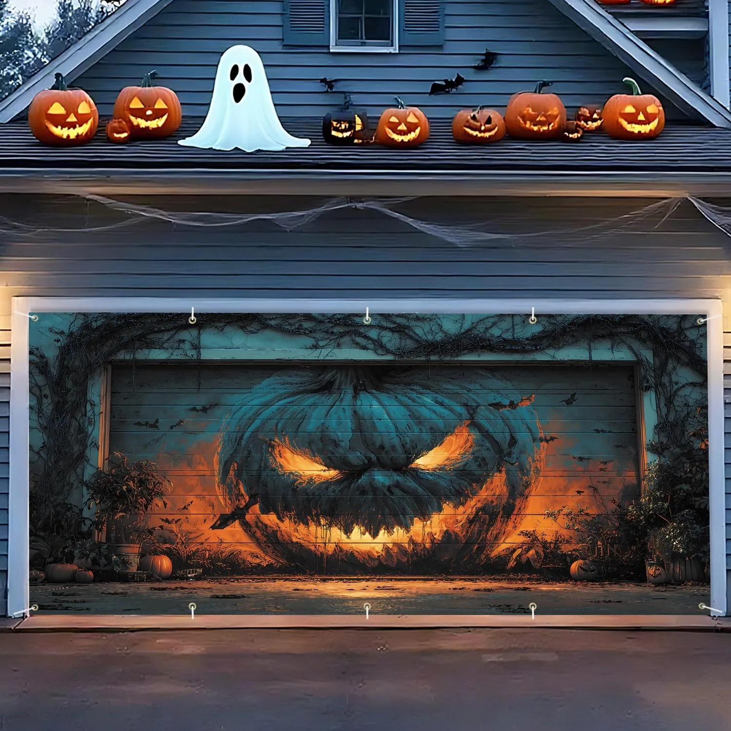 Halloween Garagentor-Banner: Gruseliger böser Kürbis-Hintergrund mit Ranken und Fledermaus für Terrasse, Garten, Spukhaus, Feiertagsparty, Wanddekoration