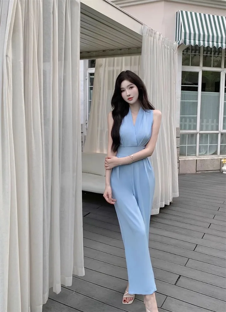 Ezgaga Jumpsuit Women Vintage V Neck Summer Fashion Sleeveless Off Shoulder Wide Leg Rompers Bandage Office Lady Jumpsuits