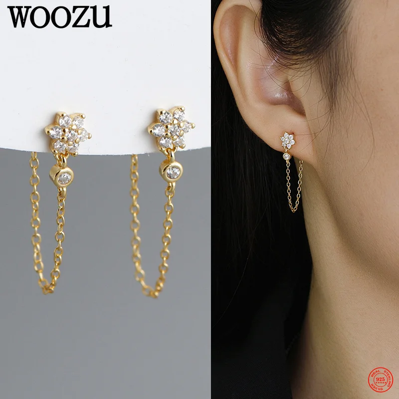 

WOOZU 925 Sterling Silver Classic Cute Flower Shiny Zircon Link Chain Drop Earrings for Women Party Bohe Chic Charm Jewelry Gift