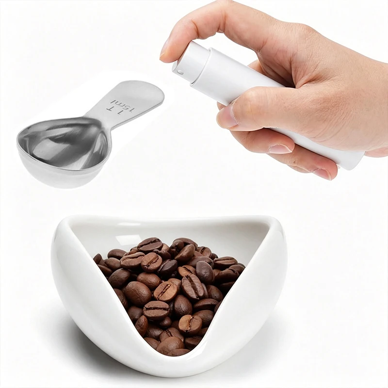Ceramic Coffee Bean Dosing Cup Set with Static Reduction Spray Bottle & Measuring Spoon Espresso Dosing Tray Barista Accessories