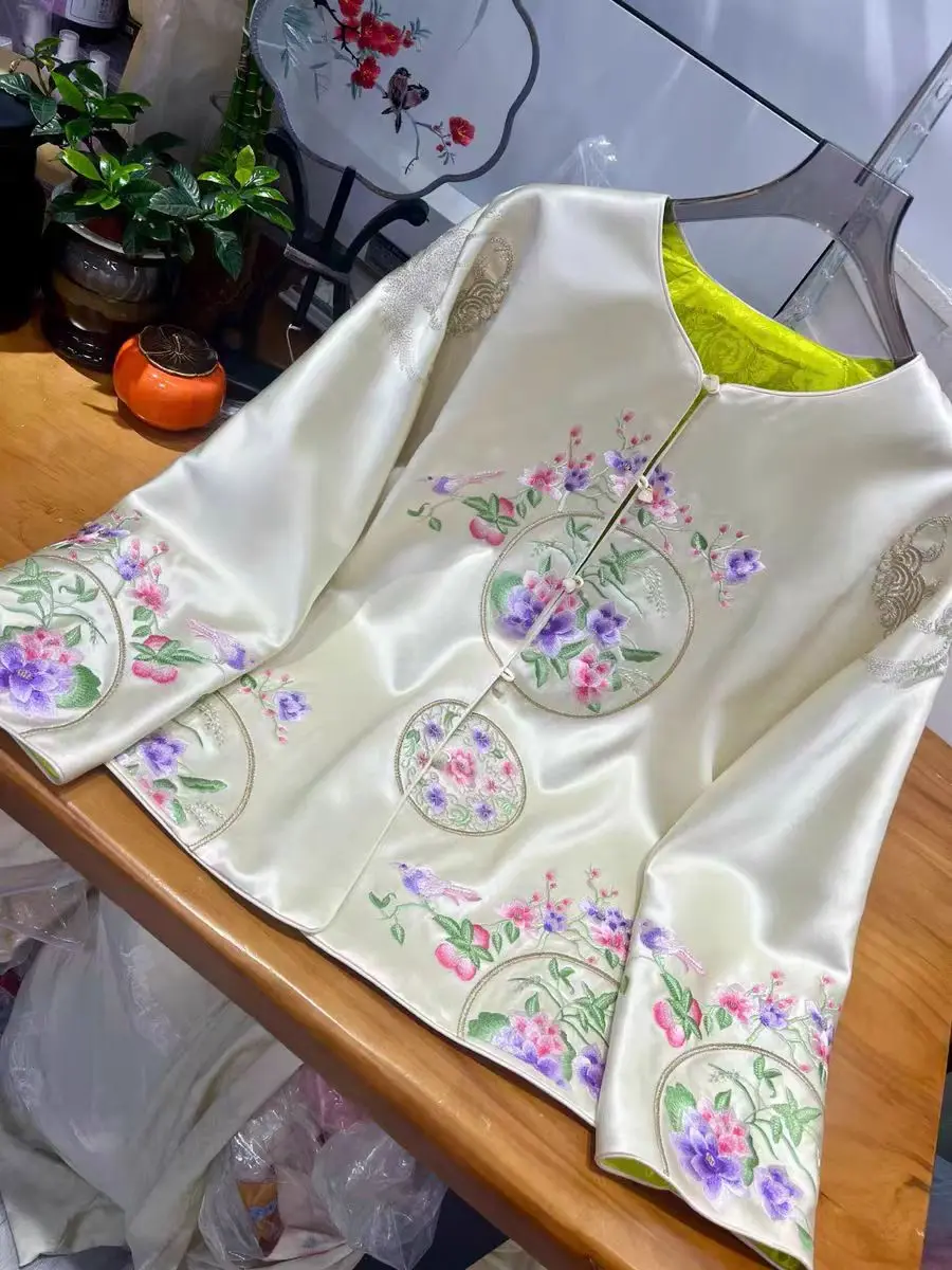 High-end Spring Autumn Coat New Chinese Style Embroidery Acetate Women Elegant Loose Coat S-XXL