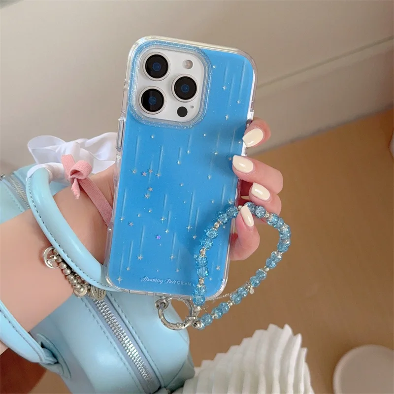 

INS Pop Meteor Shower Blue Phone Case For iphone 16 15 14 12 13 Pro Max 15pro 16promax round rim Double-sided Protection cover