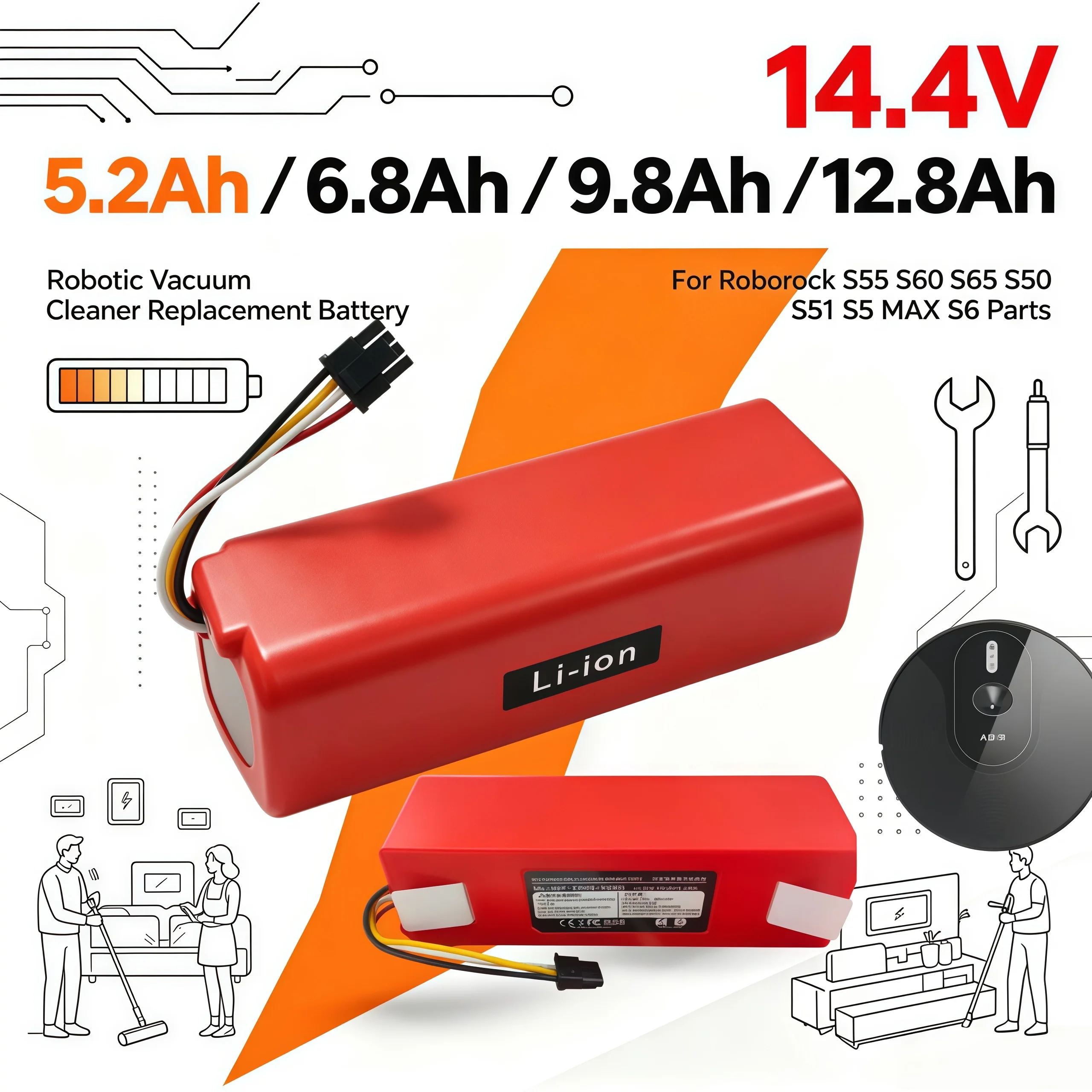 14.4V 5.2Ah to 12.8Ah Robot Cleaner Battery Compatible Roborock S50 S51 S55 S5 MAX S6 S60 S65 Vacuum Replacement Parts