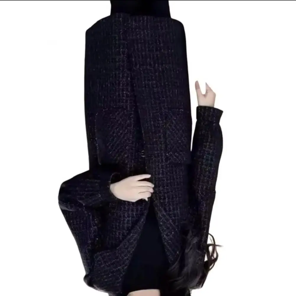 Lady Fall Winter Woolen Coat with Side Pockets Hooded Single-breasted Loose Plaid Mid Length Thick Keep Warm Overcoat for Commut