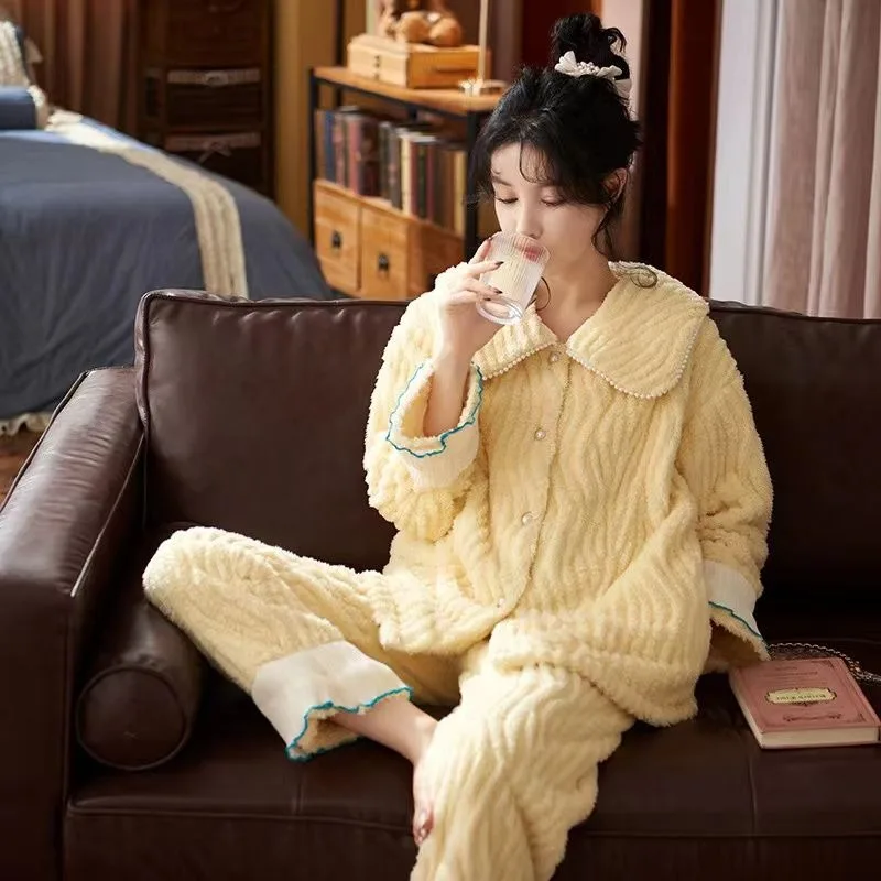 

New Pajamas Women's Coral Plush Autumn Winter 2-Piece Loungewear Set Thicken Sweet Cute Girls Korean Edition Home Wear Sleepwear