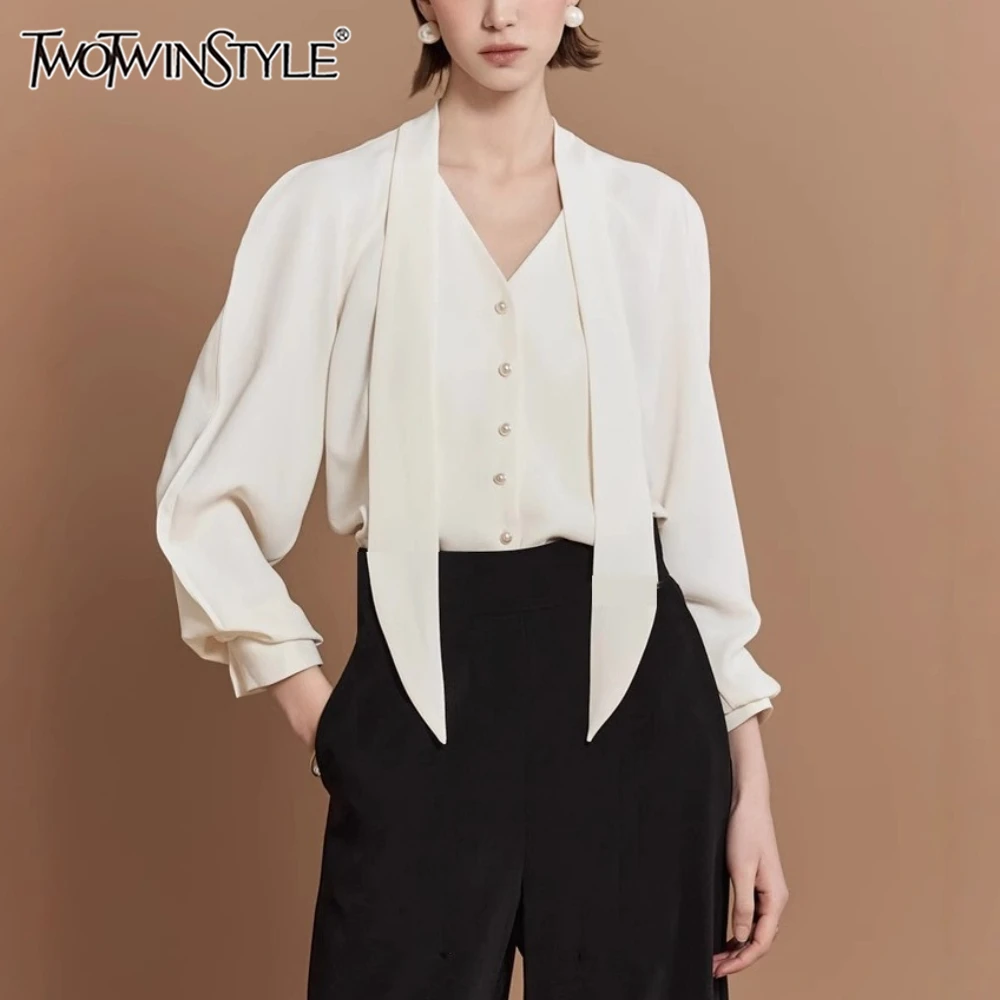 TWOTWINSTYLE Apricot Spliced Lace Up Shirt Female V Neck Long Sleeve Loose Minimalist Office Women's Shirts Autumn Fashion New