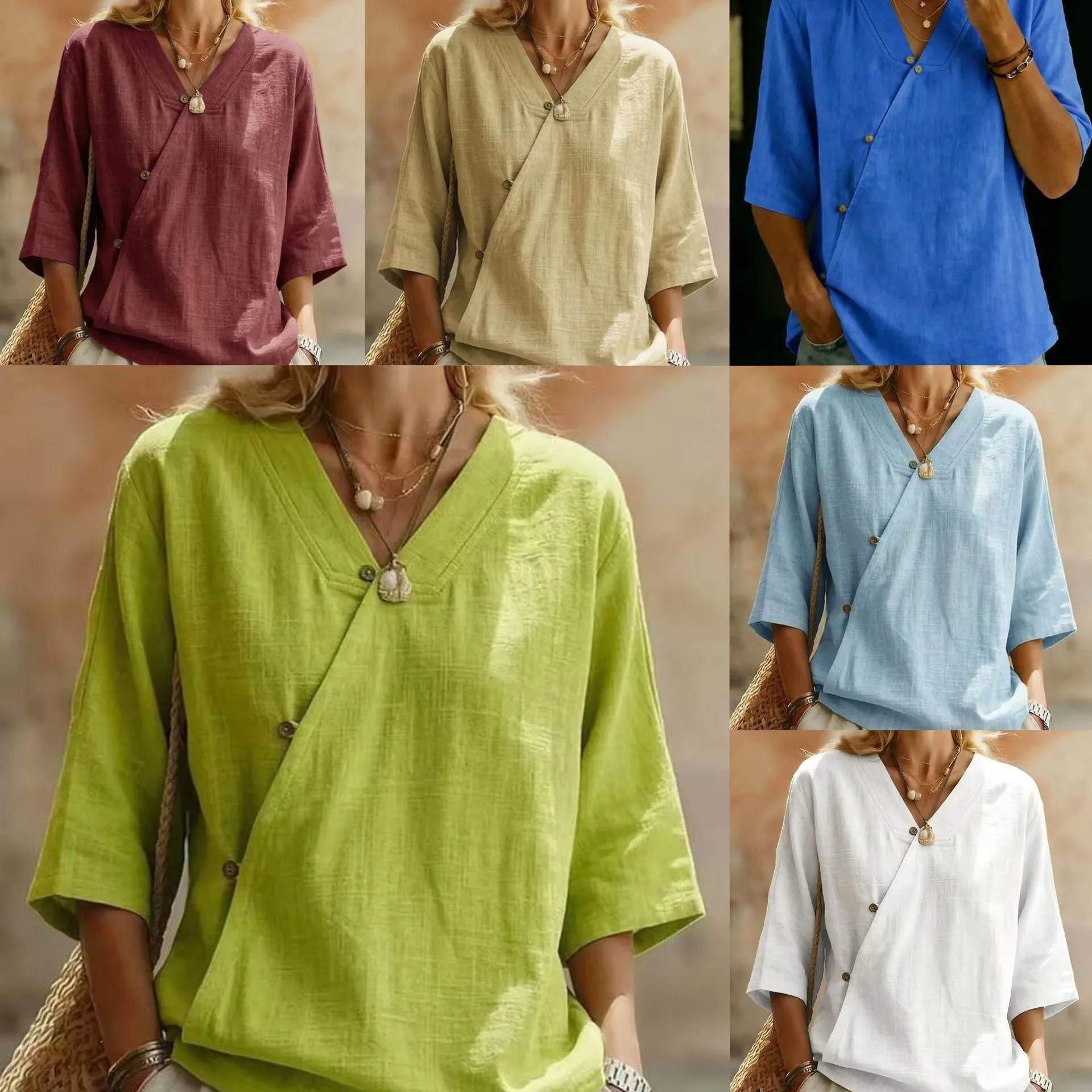 Blusa de Mujer de Algodón y Lino, Color Sólido, Estilo Boho, Manga Tres Cuartos, Cierre de Botones, Color Malva y Verde Oliva