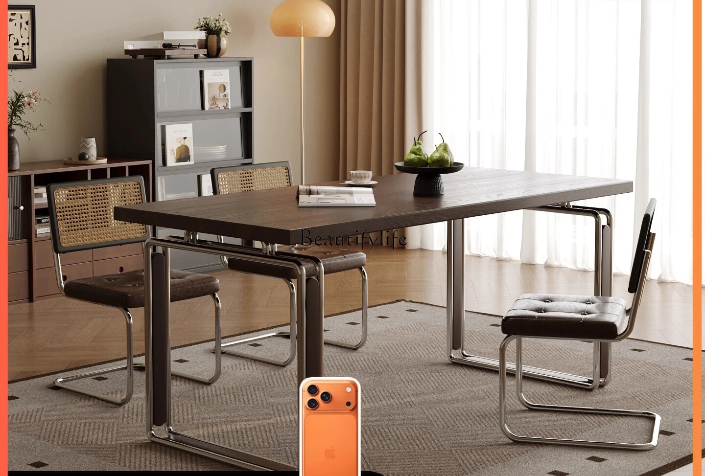 Pre-style solid wood dining table home retro desk rectangular stainless steel