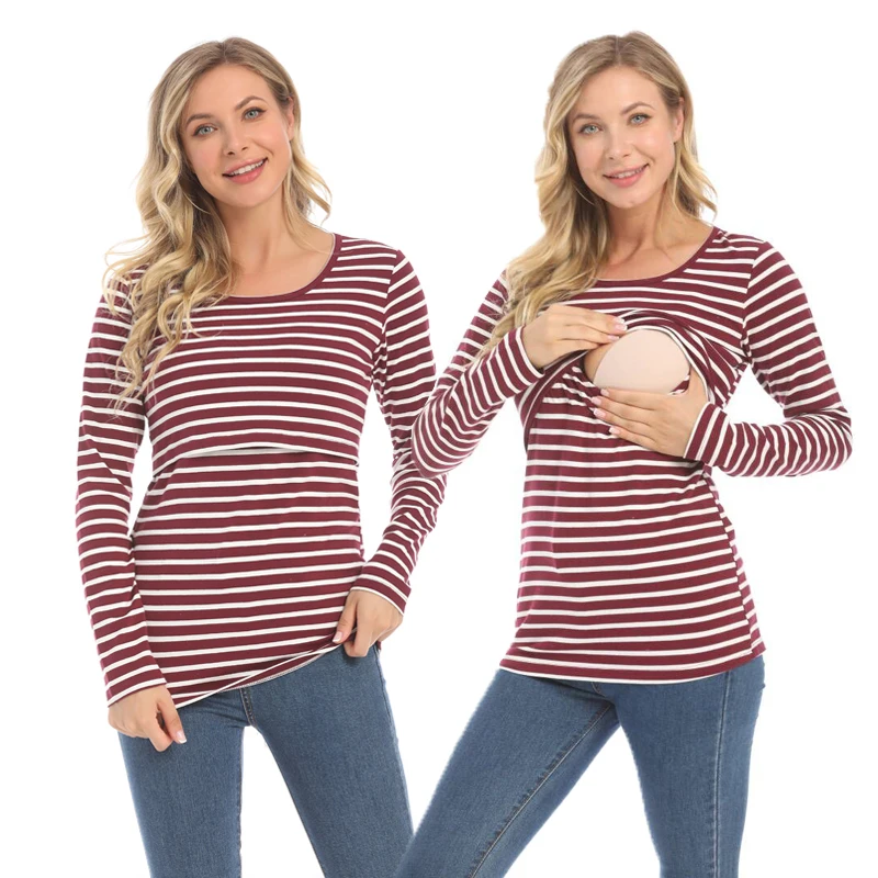 Horizontal Striped Maternity Nursing Top Round Neck Long Sleeve Double Layer Lift Up Breastfeeding Casual Modal T-shirt