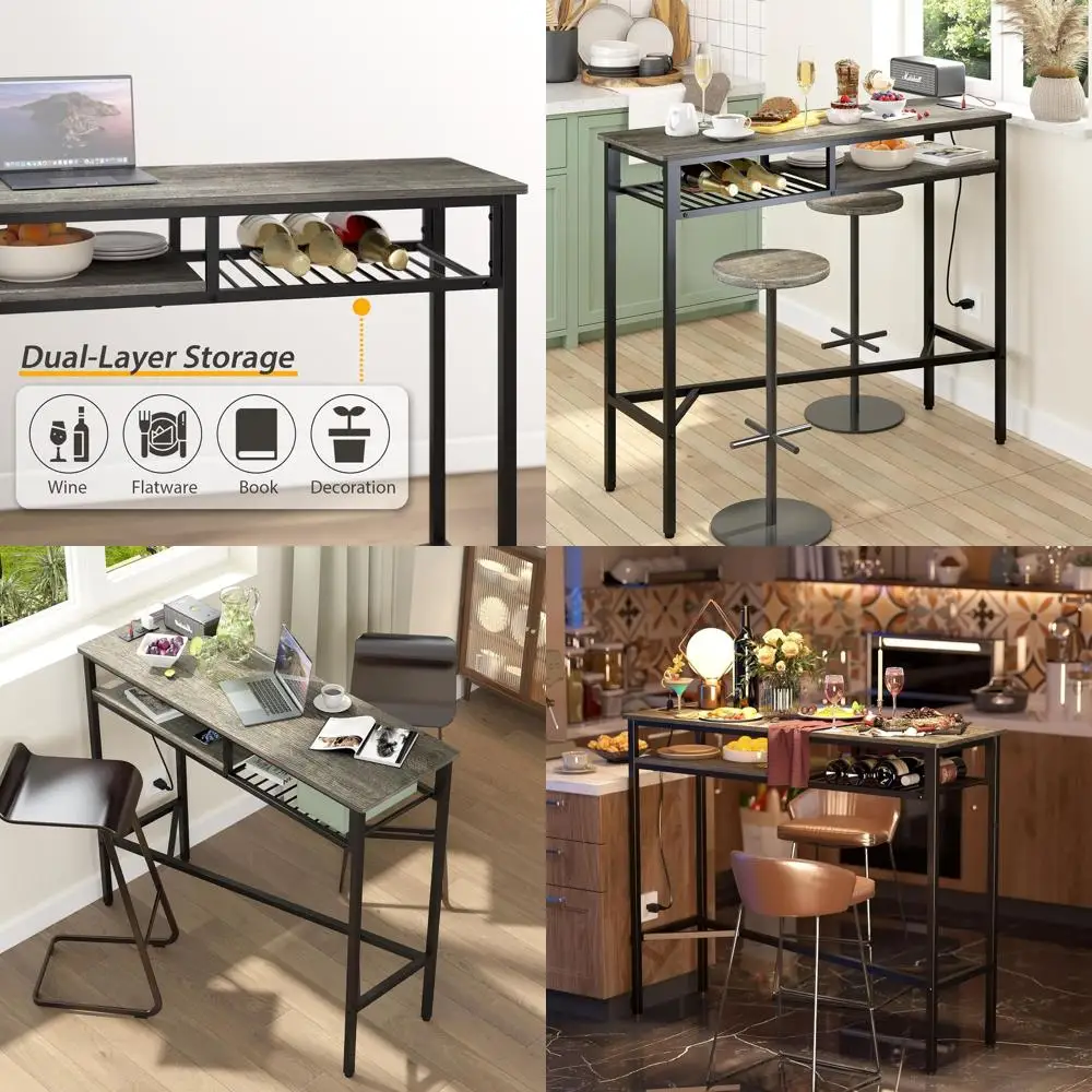 

Компактный барный стол с розетками, высокой столешницей, полками для хранения и винной полкой для кухни и гостиной