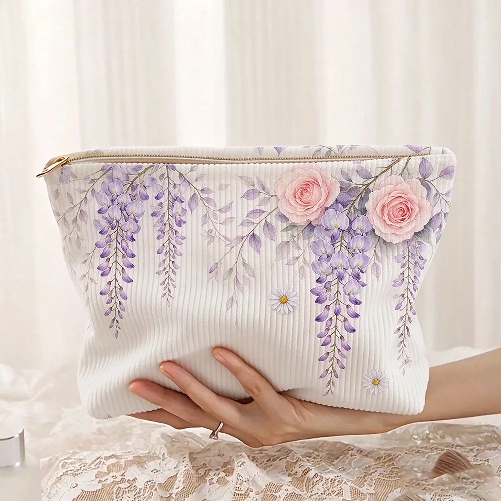Corduroy Makeup Bag New Purple Bouquet Printed Thick Brush Organizer Women's Fashionable Novel Cute Bag