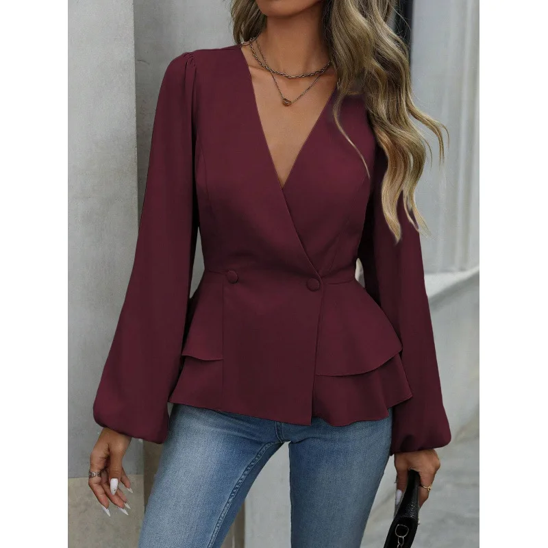 

2026 Spring New Style Women's Shirt Waist Cinching Lace Trim Light Maturity Style Long Sleeve V-Neck Polyester Fiber Office Wear