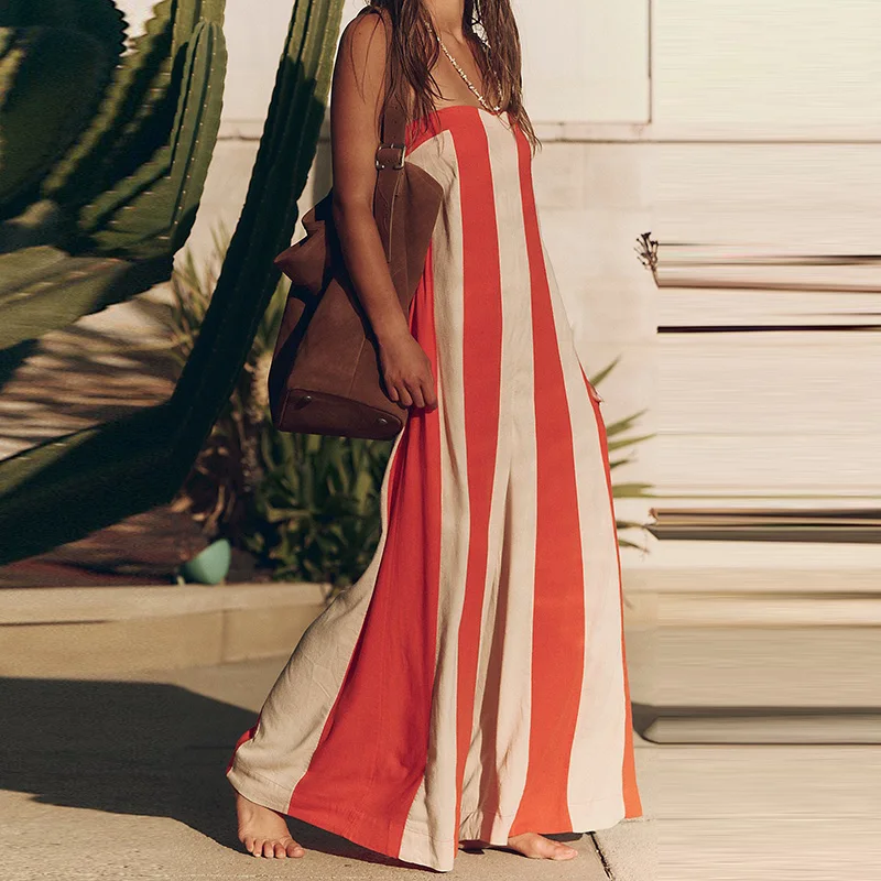 여성 섹시한 Strapless 민소매 긴 Romper 패션 Hight Street 느슨한 파티 Playsuit 우아한 줄무늬 인쇄 Wide Legger Jumpsuit
