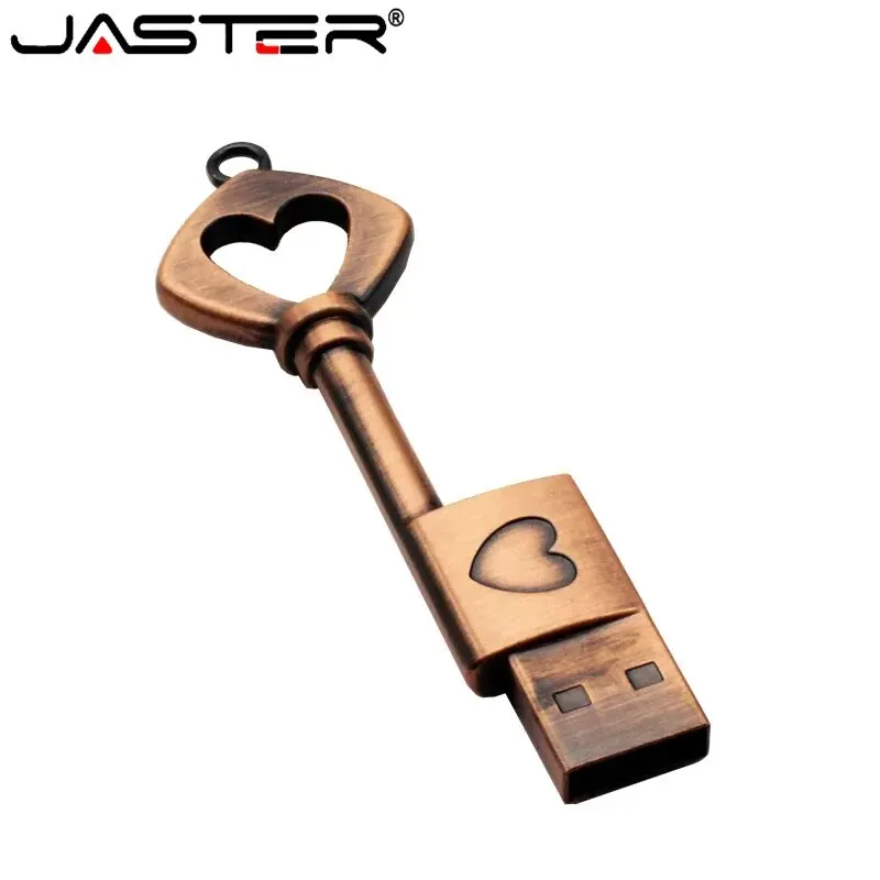 JASTER Copper Love Heart Shaped Key Usb Flash Drive Pendrive Pen Drive 32GB 64GB Metal Keys Memory Stick Creative Wedding Gift