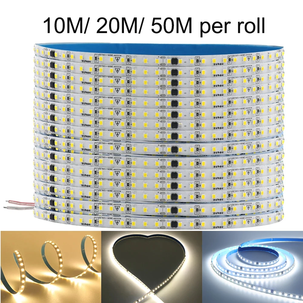 10M 20M 50M LED-Streifenlicht 220V 2835SMD 120LEDs/M Flexibles Klebeband mit Klebstoff 8mm Breite Wasserdichtes LED-Band für die Heimbeleuchtung