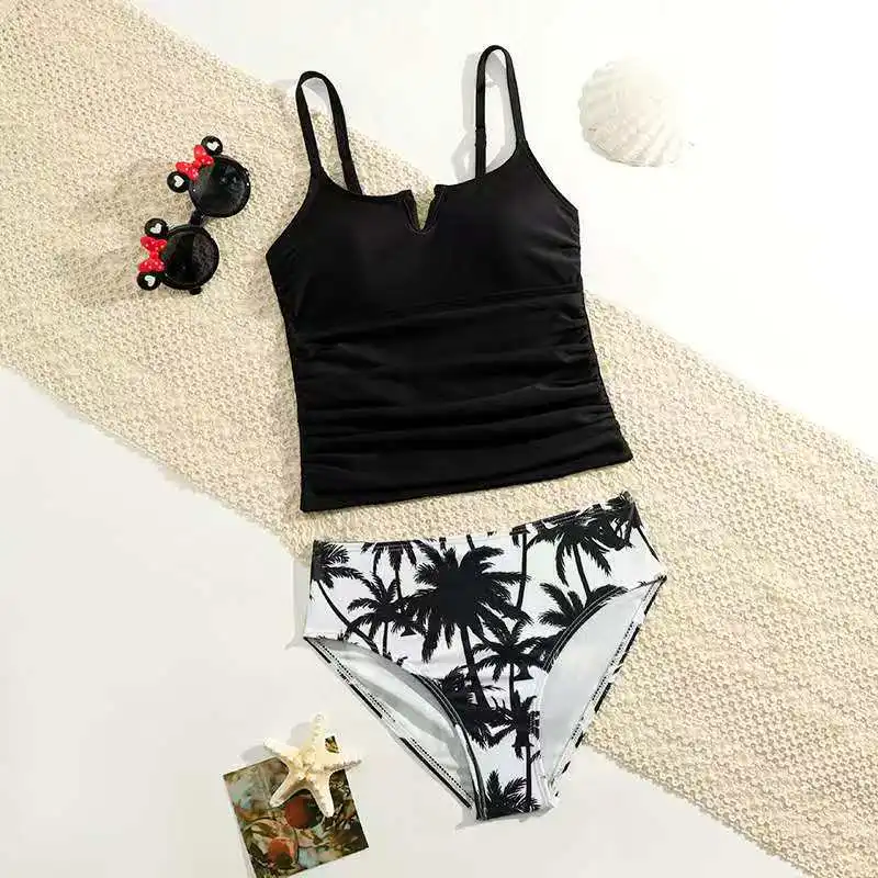 

Детский раздельный купальник для девочек 2026: черный, с бретельками, V-образный вырез, однотонный, для плавания