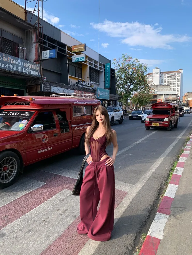 

Женский комбинезон с сетчатыми вставками и завязками на талии, широкие брюки на шнурке, повседневный комплект из двух предметов, модный тренд весны