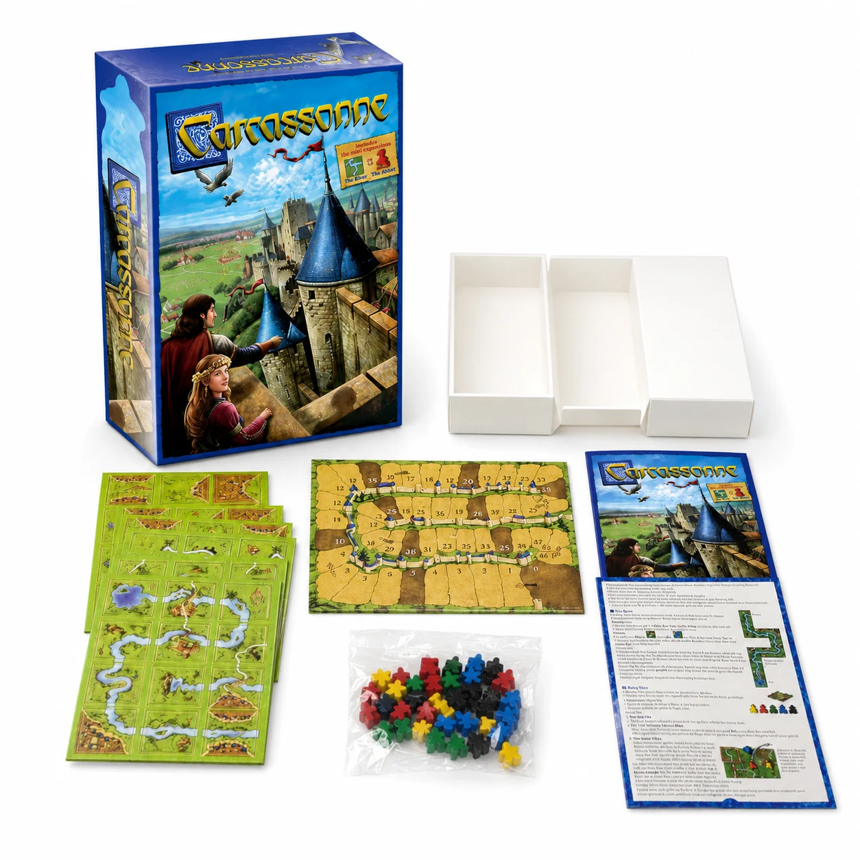 Juego de Mesa Carcassonne: Colocación de Baldosas, 48 Piezas, Juego de Estrategia de Ciudad Medieval con Meeples y Tablero de Puntuación, Versión en Inglés