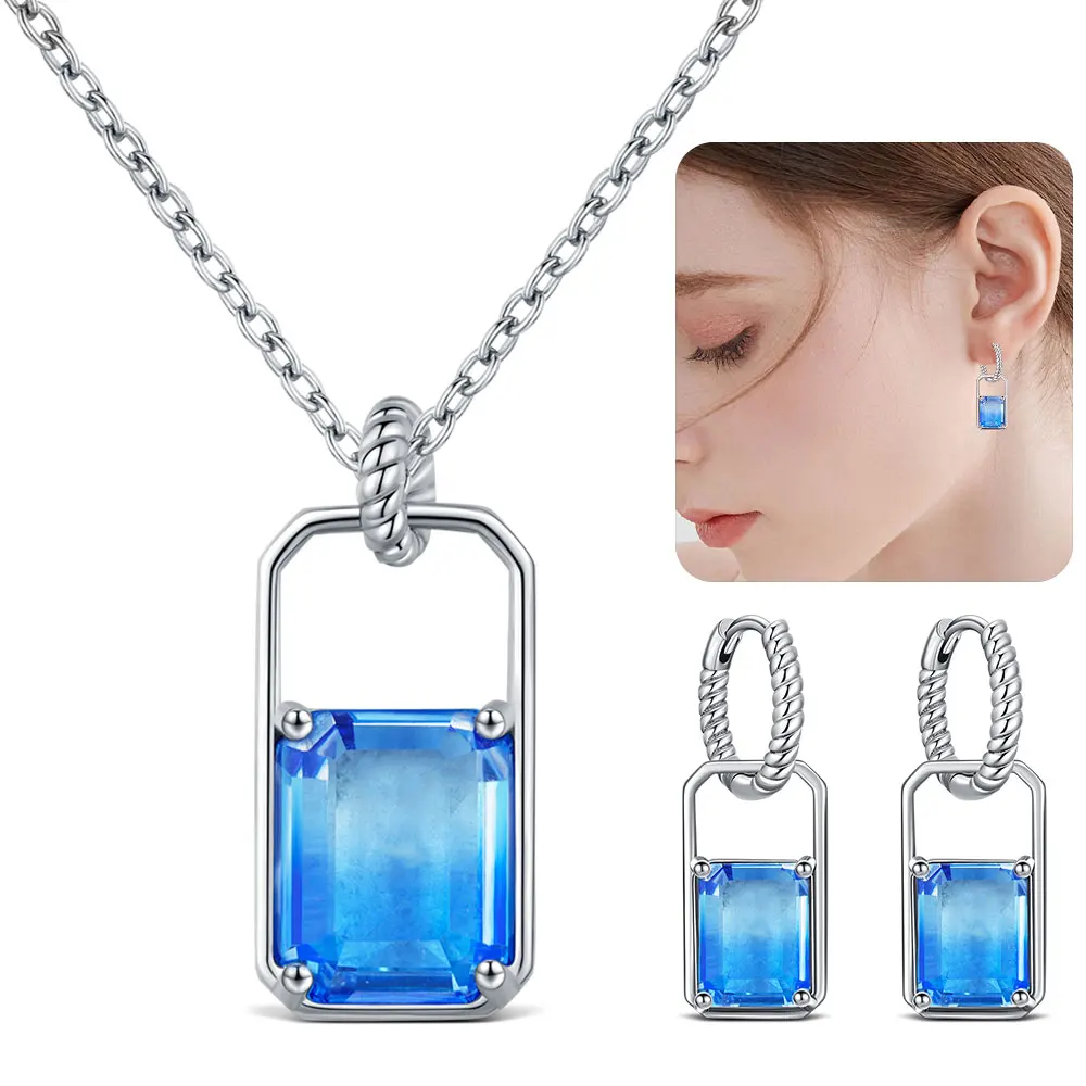 2025 NEW 925 Silver Sapphire Square Earrings Elegant Style Daily Casual Chain Necklaces Fashion Jewelry Anniversary Ladies' Gift