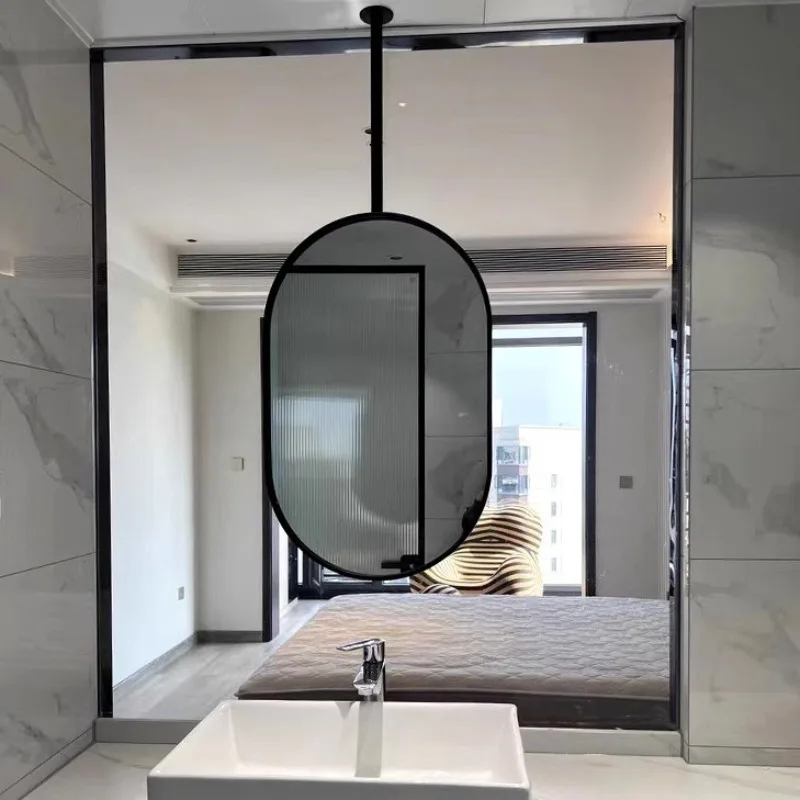 

Black elliptical metal rod ceiling hanging mirror bathroom hanging mirror glow