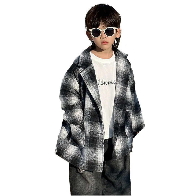 

Baby Boys Spring Autumn Hooded Wool Blends Coat 2024 Fashion Plaid Double-Breasted Clothes Children's Outdoor Jacket Age 2 To 11