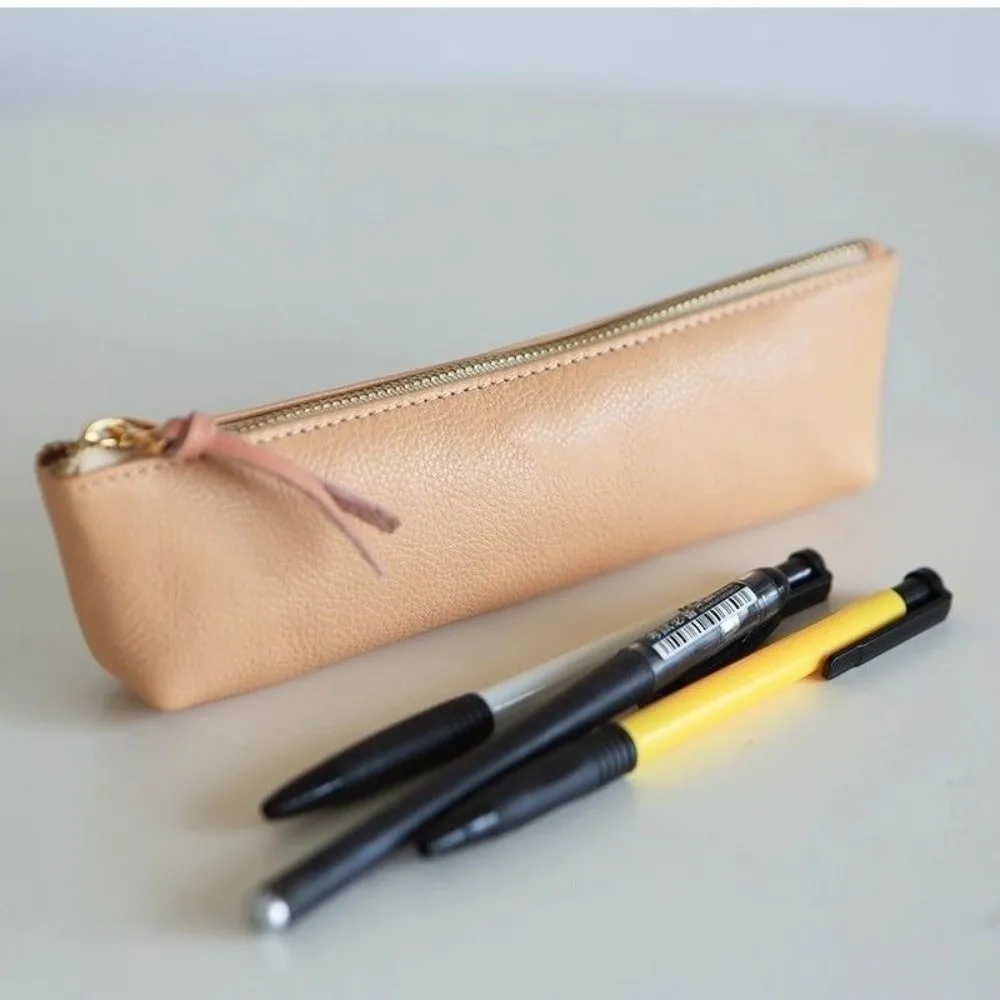 Portable PU Leather Pen Bag Zipper Closure Retro Simple Pen Case Stationery Holder Student Use