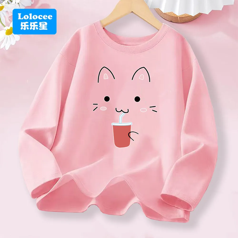 

Children's Wear - Girls' Long - sleeve Pink T - shirt for Spring & Autumn, Sweet Kitty Drinking Graphic Tops