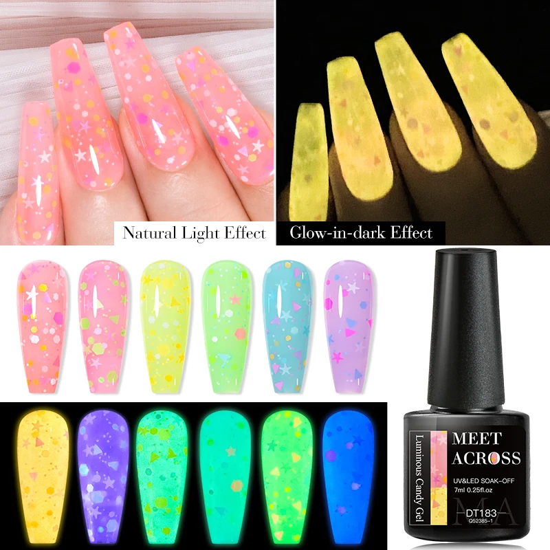 MEET ACROSS 7ml Candy Color Luminous Glow-in-dark Gel Nail Polish Glitter Irregular Flakes Summer Semi Permanent UV LED Nail Art