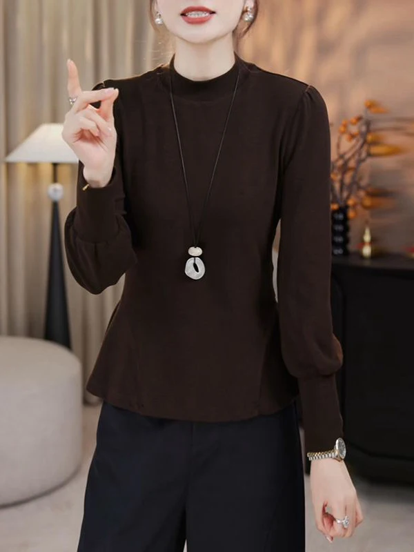 Women's Long Sleeve Base Shirt Waist Cinching T-Shirt Autumn Winter plus Size Conceals Belly Anti Aging Top Lantern Sleeve