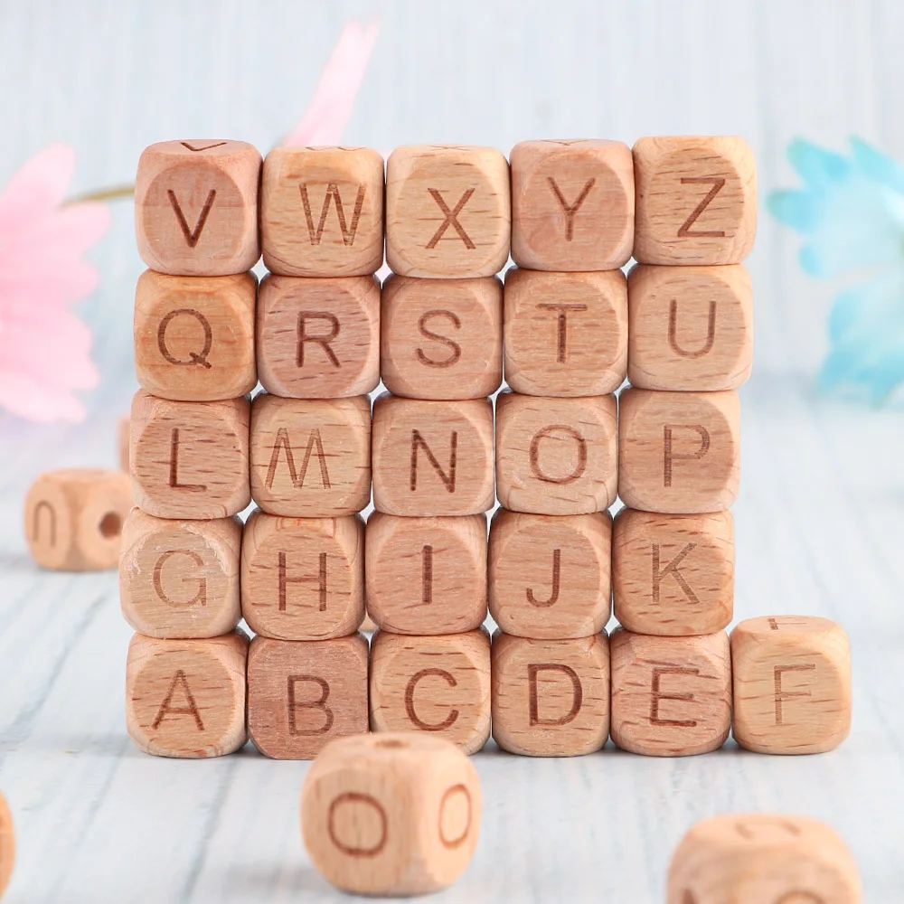 Kovict 20~50Pcs/Lot 12mm Natural Beech Alphabet Wooden Letters Beads Hexagone DIY Pacifier Chain Personalised Name Accessories