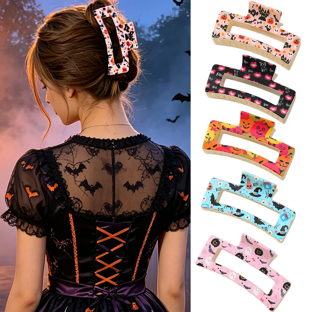 5-Pack Large Square Hollow out Halloween Shark Fin Hair Clips Cartoon Print Detailed Girls Hair Accessories for Styling