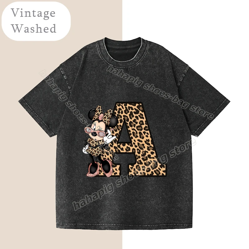 Maglietta lavata per donna T-Shirt Casual con lettere leopardate Disney Minnie Mouse Retro Tee donna coreana top larghi donna Streetwear