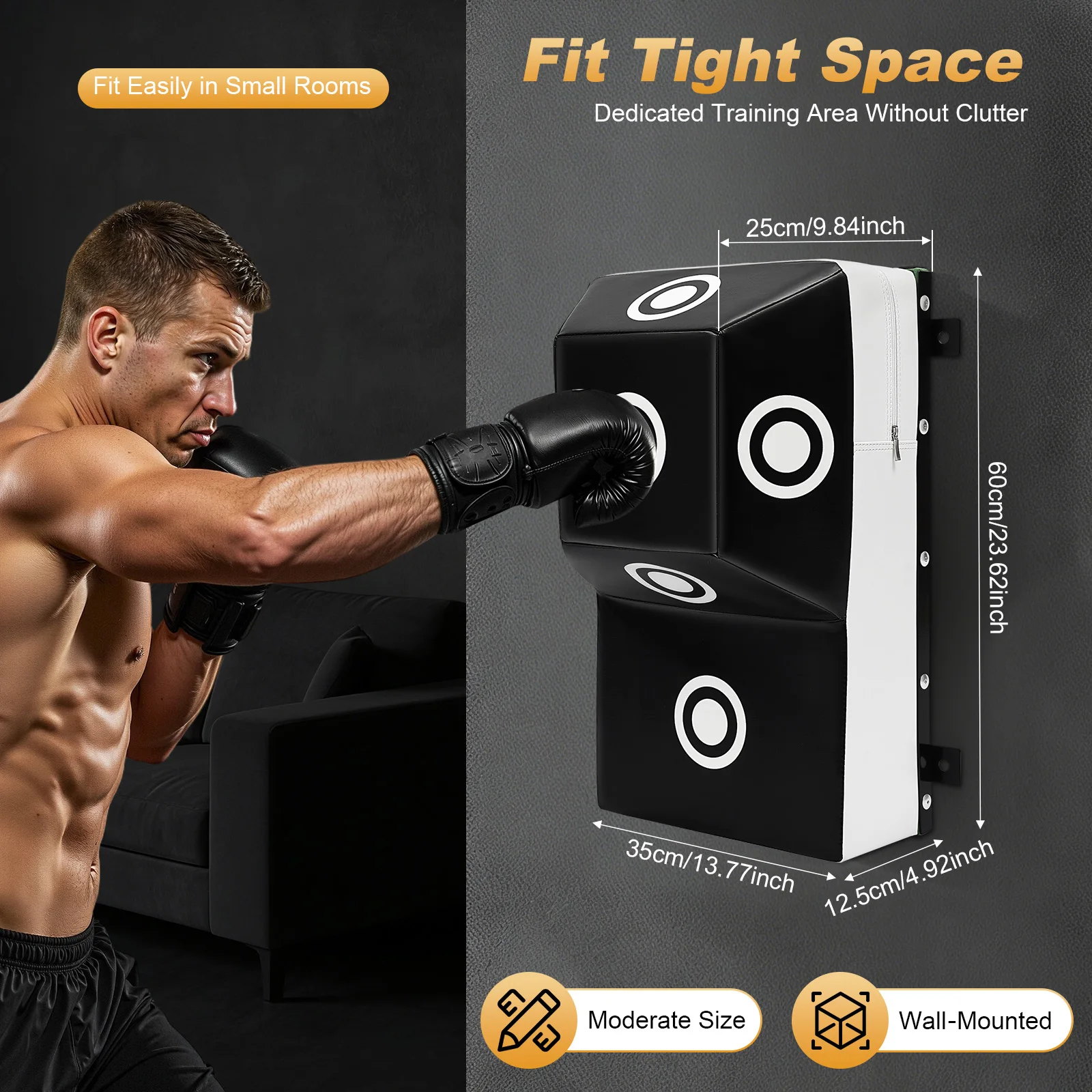 Wall-mounted Fixed Boxing Training Wall Target, Training Punching Target, PU Leather Strike Pad, Steel Frame, High Density EVA Foam, 6 Punch Positions, Space Saving Home Gym, Shock Absorbing, 60x35x25cm for Boxers Muay Thai