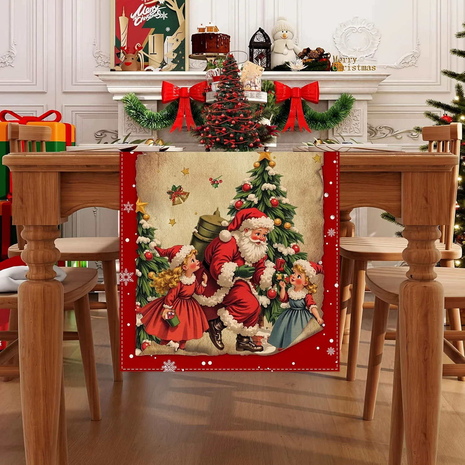 Vintage Christmas Table Runner Red & Green Retro Holiday Decoration with Santa Design Kitchen Dining Table Decoration Home Party