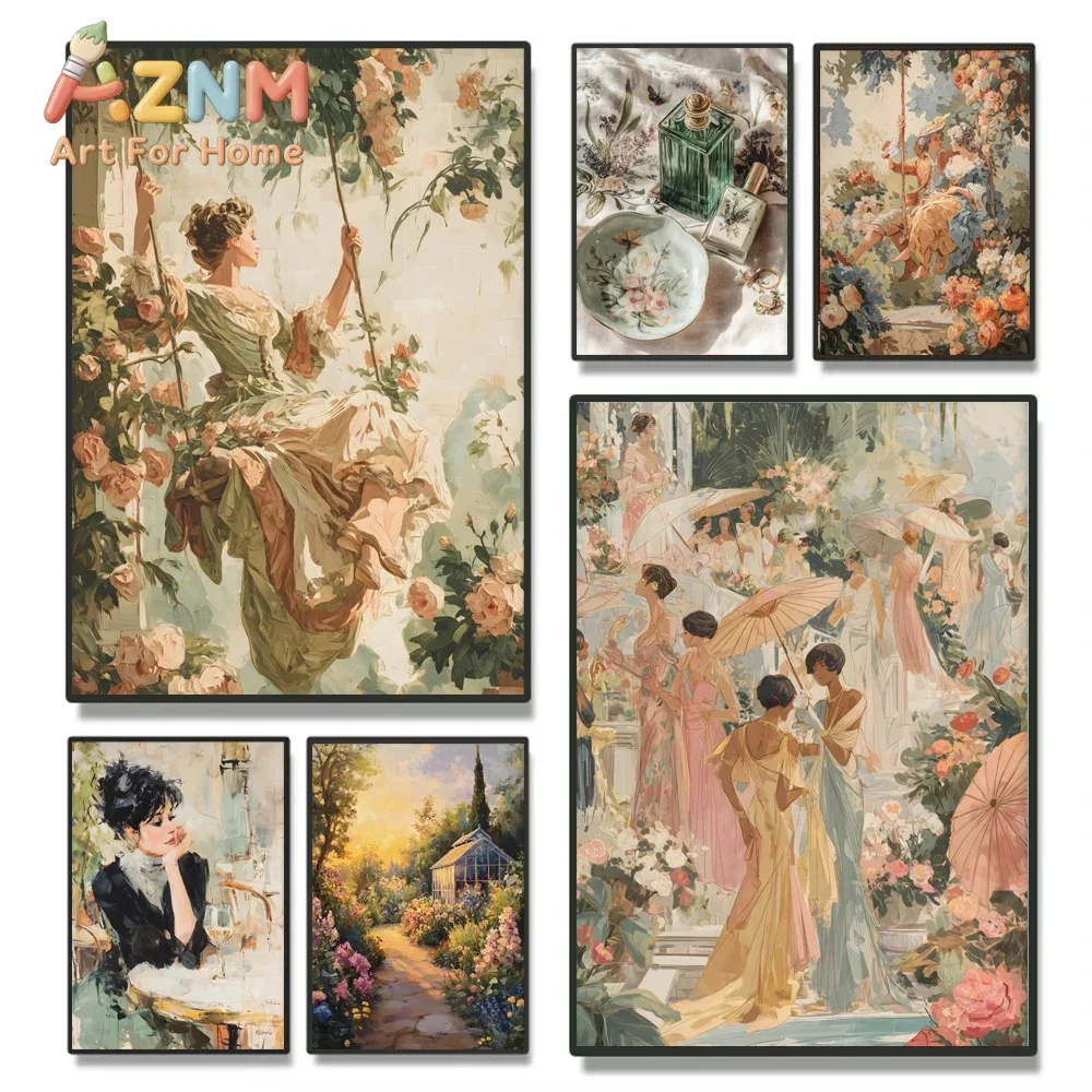 Nordic Elegance Manor Poster Printing for Ladies' Gatherings Classic Lady on Swing European Garden Canvas Home Living Room Decor
