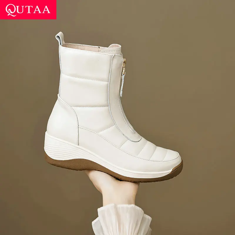 

QUTAA 2025 Women Casual Ankle Boots Thick Sole High Heels Genuine Leather Square Toe Autumn Zipper Winter Boots Shoes Size 34-39