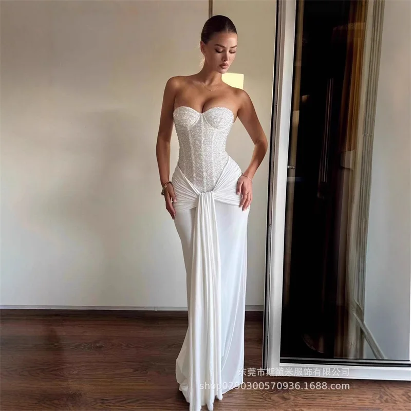 White Sequins Women's Prom Dress Sexy Sweetheart Backless Sleeveless Long Party Gown Formal Birthday Red Carpet Ruffles Robe