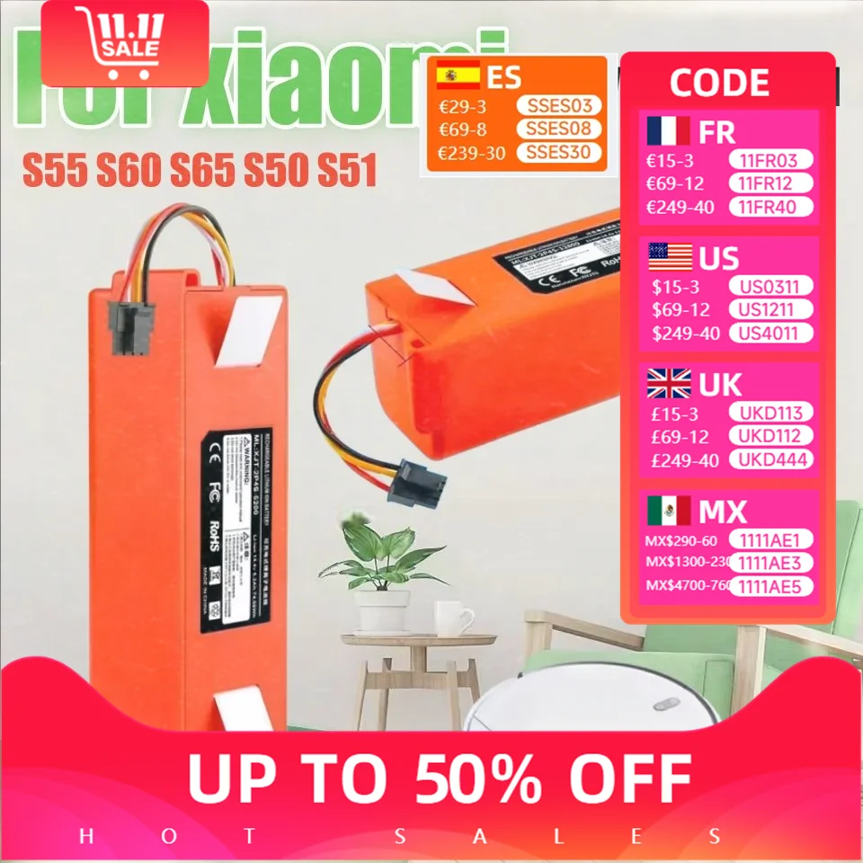 

Roborock S55 S60 S65 S50 S51 S5 MAX S6 Compatible 14.4V 5200mAh - 12800mAh Robotic Vacuum Cleaner Replacement Battery for Xiaomi